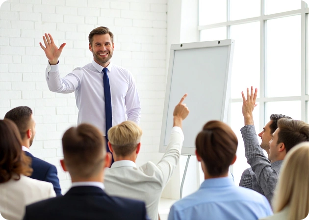 Trener biznesowy prowadzi szkolenie dla grupy pracowników; uczestnicy podnoszą ręce podczas seminarium w jasnym biurze