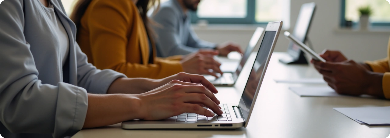 Pracownicy siedzą przy stole i pracują na laptopach w nowoczesnym biurze podczas sesji współpracy
